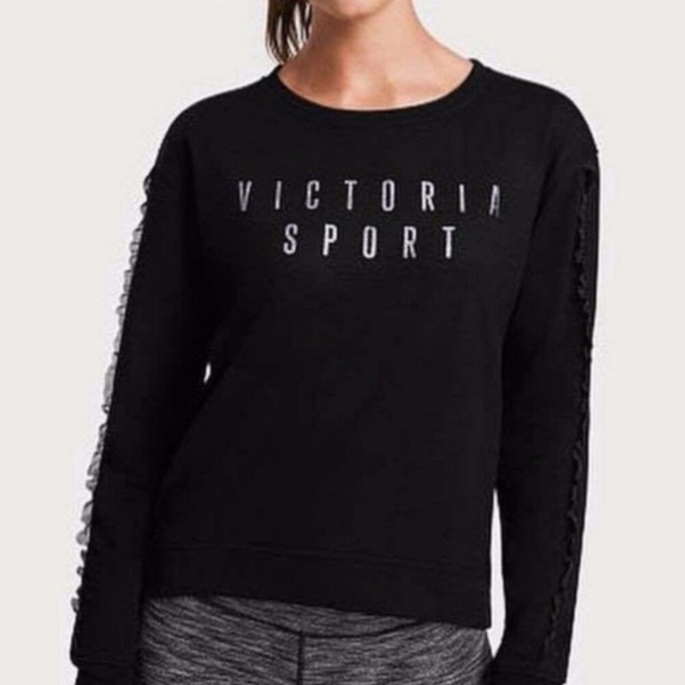 Victoria Secret Sport Black Ruffle Sleeve Glitter Graphic Sweatshirt XS Relaxed